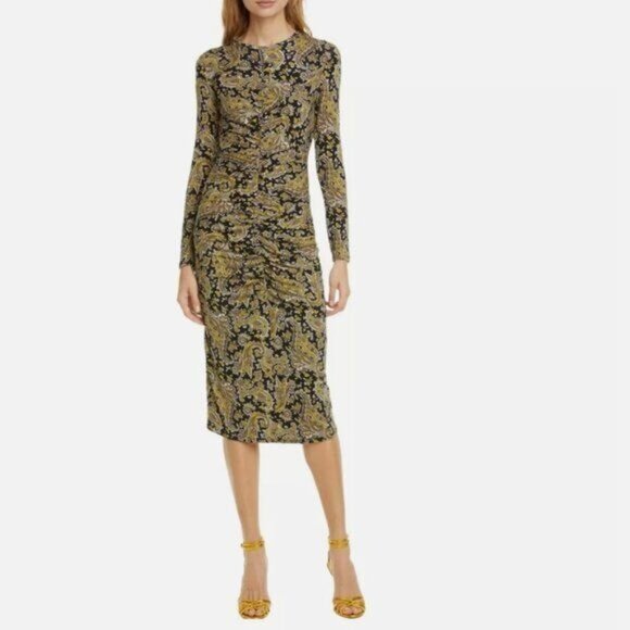 JOIE Aja Long-sleeve Paisley Midi Dress In Golden Hour - L - Picture 1 of 8
